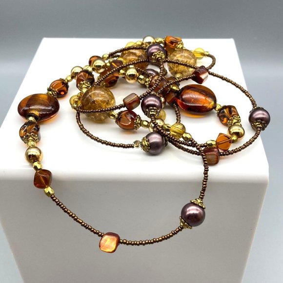 Super Long Bronze Beaded Vintage Necklace, Flashy Art Glass Stations on Seed Bea - Picture 3 of 5